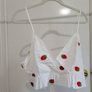 Strawberry Embroidered White Crop Top